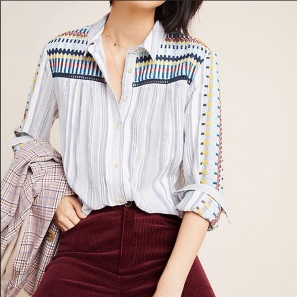 Pilcro and the Letterpress White Striped Button-Down with Multicolor Embroidery